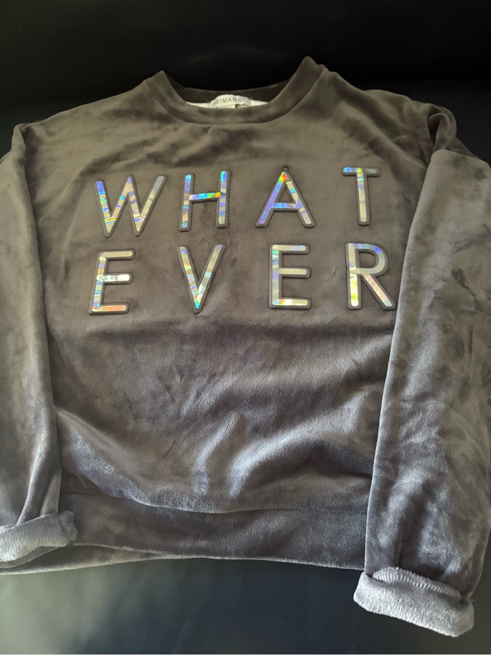 Primark Girls Gray Velvet Crewneck with Holographic 'WHATEVER'